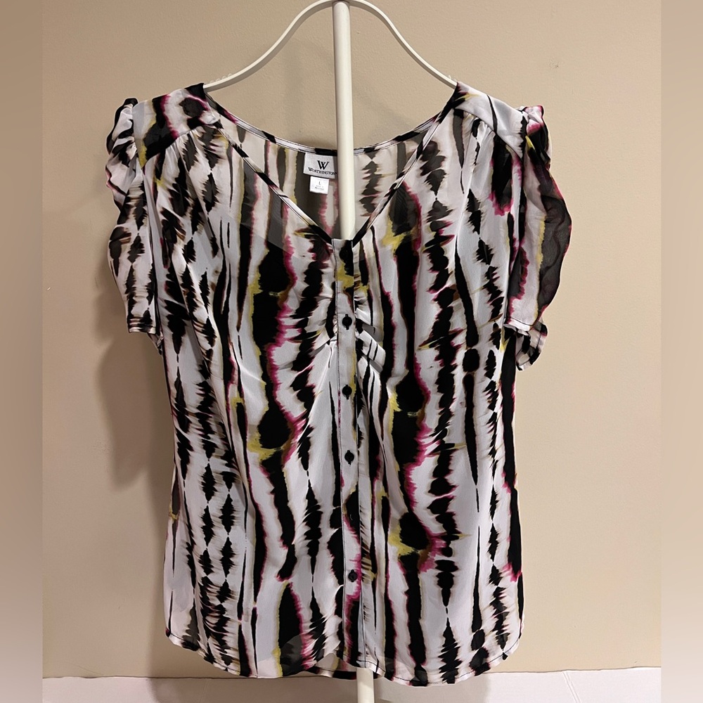 Worthington Colorful Abstract Print Ruched Sleeve Blouse Detachable Black Tank L